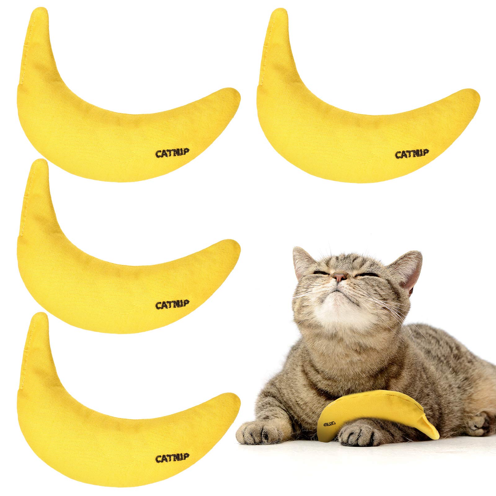 Photo 1 of Sotiff 4 Pieces Catnip Toys Yellow Banana Cat Chew Catnip Toys Kitten Interactive Toy Reliable Catnip Filled Cat Toys for Indoor Cats Kittens Chewing Biting Grinding Claw 4 Count Pack of 1