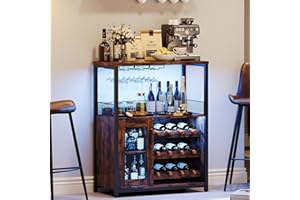 IDEALHOUSE Wine Bar Rack Cabinet with LED Light, Adjustable Shelves Coffee Bar Cabinet with Mesh Door and Baffle Design, 36″ Tall Small Liquor Bar Cabinet for Home, Kitchen, Dinning Room, Rustic Brown