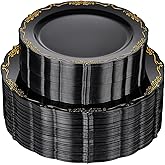 U-QE 100PCS Black and Gold Plastic Plates - Heavy Duty Black Disposable Plates Including 50PCS 10'' Dinner Plates & 50PCS 7.5'' Dessert Plates - Hard Plastic Plates for Party