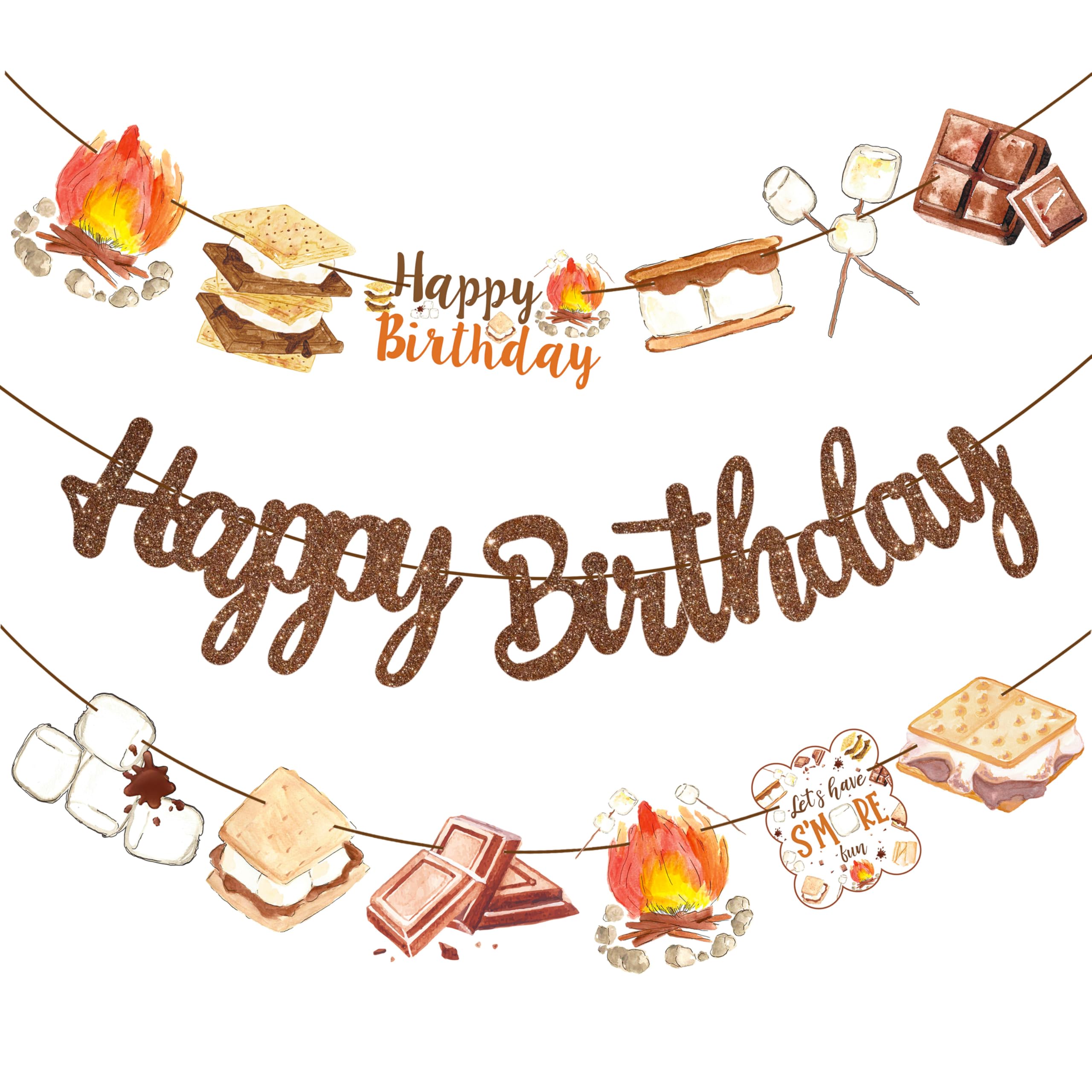 Photo 1 of S'more Birthday Party Banners S'more Party Happy Birthday Banners Bonfire Camping Theme Hanging Decoration for Campfire Camper Birthday Party Baby Shower Supplies