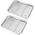 P&P CHEF Toaster Oven Pans with Racks Set of 2, Stainless Steel Oven Tray Small Baking Pan Sheet and Rack for Oven Cooking, 2 Mini Sizes (10.4” + 9”)