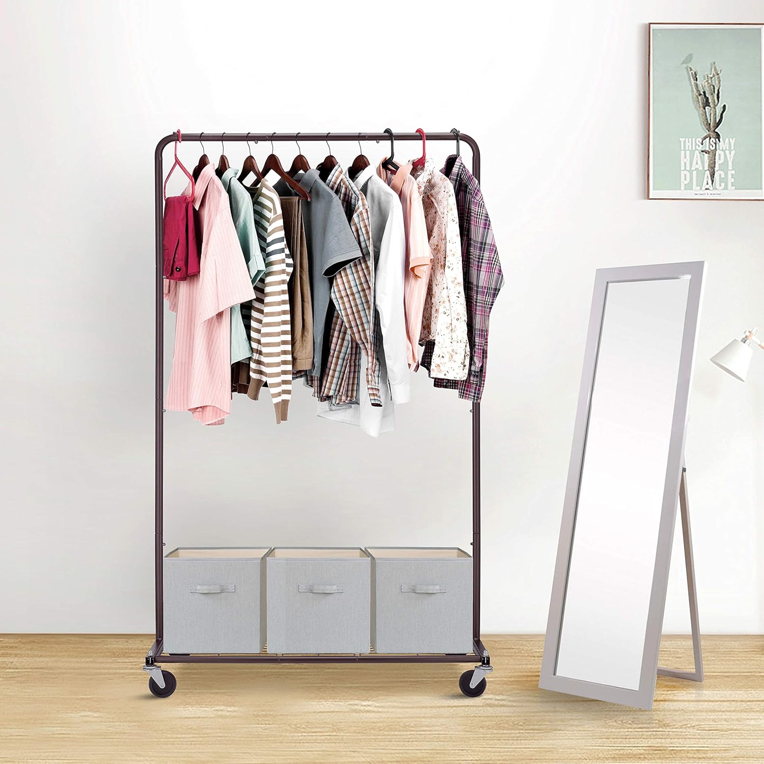Simple Trending Industrial Pipe Clothes Garment Rack, Commercial Clothing Rolling Rack with Mesh Storage Shelf on Wheels, Bronze: Home Improvement