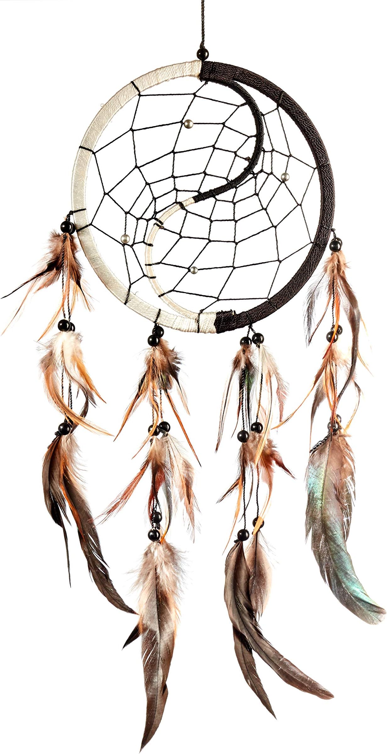 Pink Pineapple Handmade Bohemian Dream Catcher Ethical Hanging Yin Yang Dreamcatcher Wall Art with Feathers and Beads Traditional Crochet Design - 17cm Wide, 40cm Long