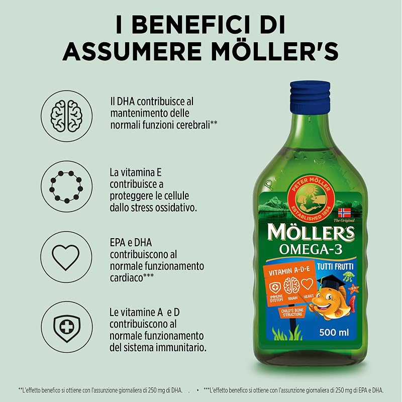 Moller’s ® | Olio di fegato di merluzzo Omega 3 | Integratori alimentari con EPA, DHA, vitamine A, D ed E | Superior Taste Award | Marchio esistente da 166 anni | Tutti Frutti | 500 ml — foto 2 di 8