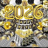MOVINPE 2026 New Year Party Eve Decorations Kit - Happy New Years Eve Party Supplies, Banner Pom Poms Cone Hats Tiaras 32'' Number Balloons Foil Fringe Curtain Squawkers Blowouts