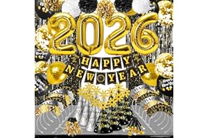MOVINPE 2026 New Year Party Eve Decorations Kit - Happy New Years Eve Party Supplies, Banner Pom Poms Cone Hats Tiaras 32'' Number Balloons Foil Fringe Curtain Squawkers Blowouts