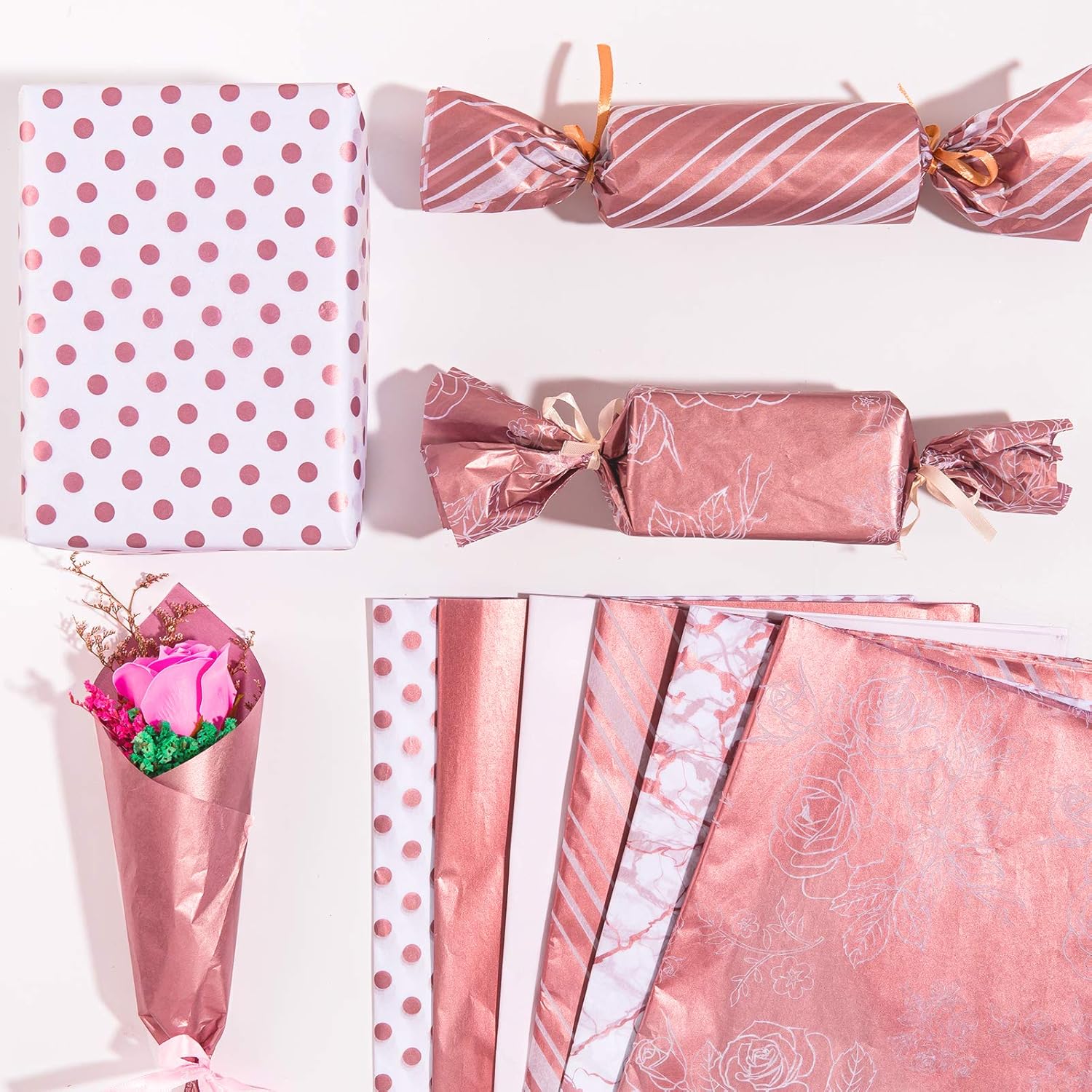 Whaline Rose Gold Tissue Paper 6 Style Gift Wrap Paper Bulk Gift Wrapping Accessory Craft Paper Decorative Paper Art Tissue for Home Kitchen Birthday Party 60Pcs - Image 4