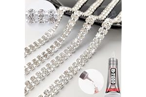 Yhsheen Rhinestone Trim with B7000 Glue, 2 Row 4 Yards Crystal Rhinestone Fringe for Crafts, Rhinestone Strips Ribbon, DIY Decoration, Silver
