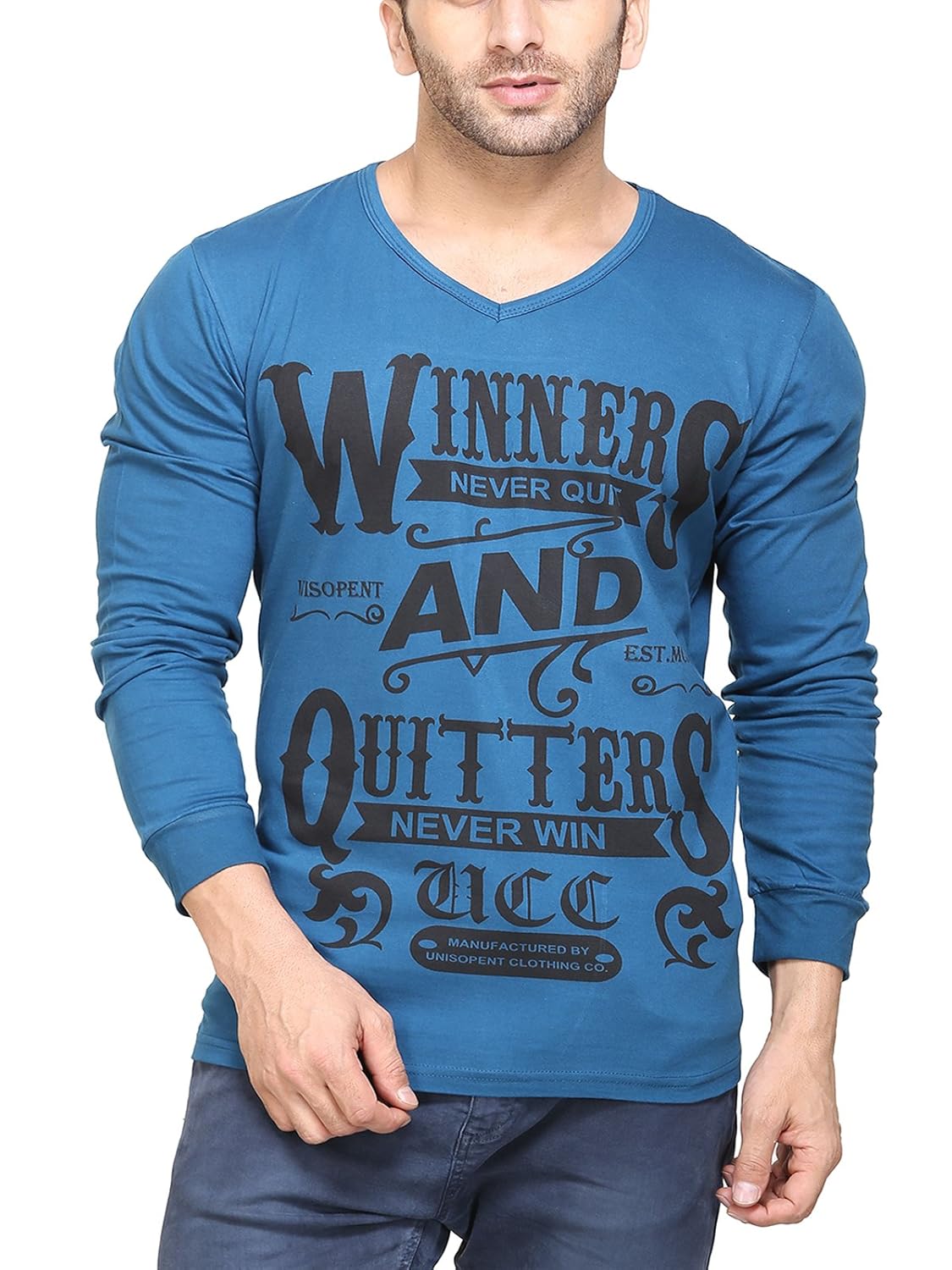 unisopent mens vneck full sleeves printed t-shirt(peacockblue)