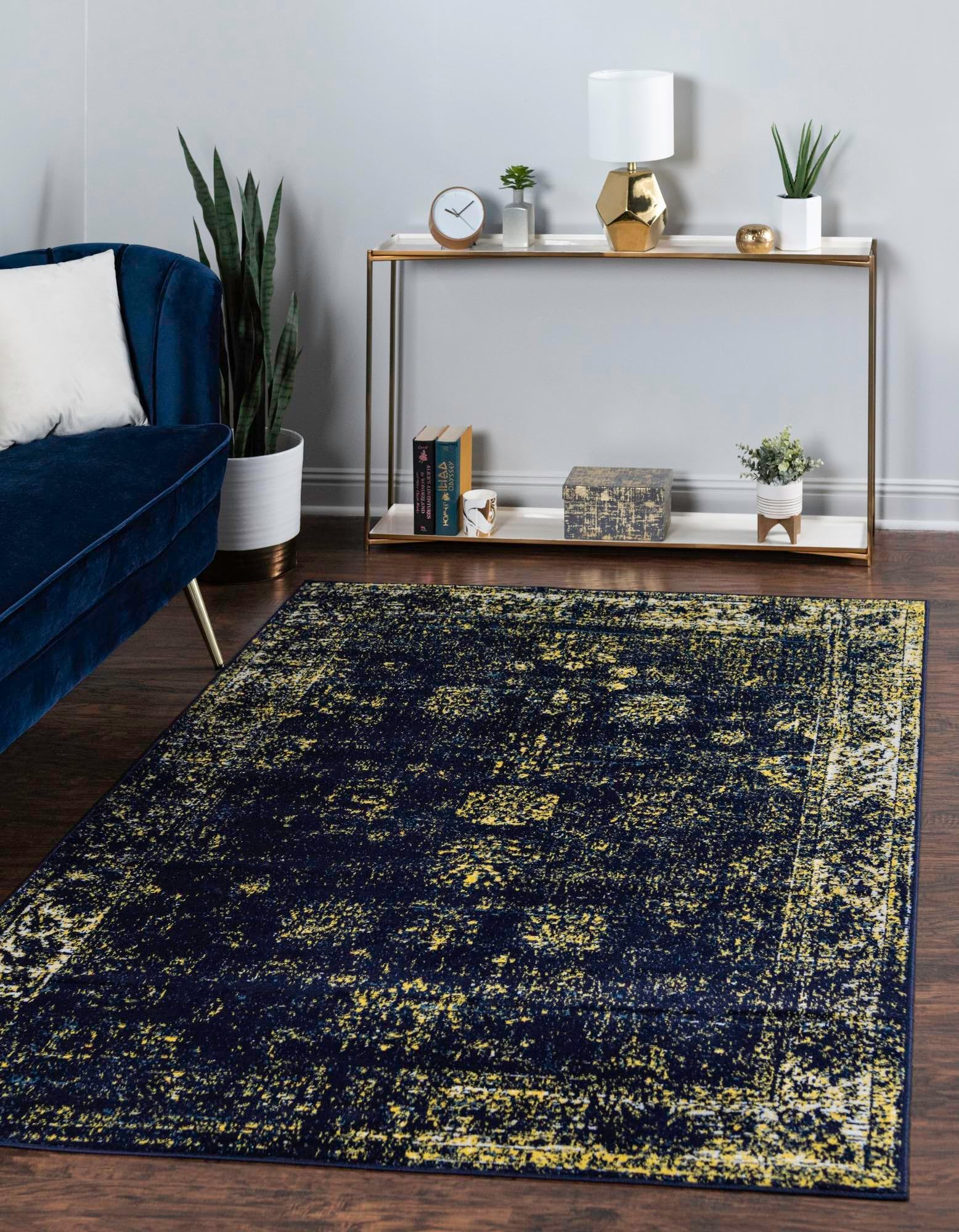 Unique Loom Sofia Collection Area Rug – Casino Bundle (5′ 3″ x 8′ Rectangle Navy Blue/Yellow)