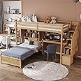 XD Designs Wood Bunk Bed Twin Over Twin Size with Built-in Desk and Staircase, Loft Bed & L-Shape Platform Bed with Storage Compartments and Shelves for Kids Teens Adults, Space-Saving (Natural-10.9)