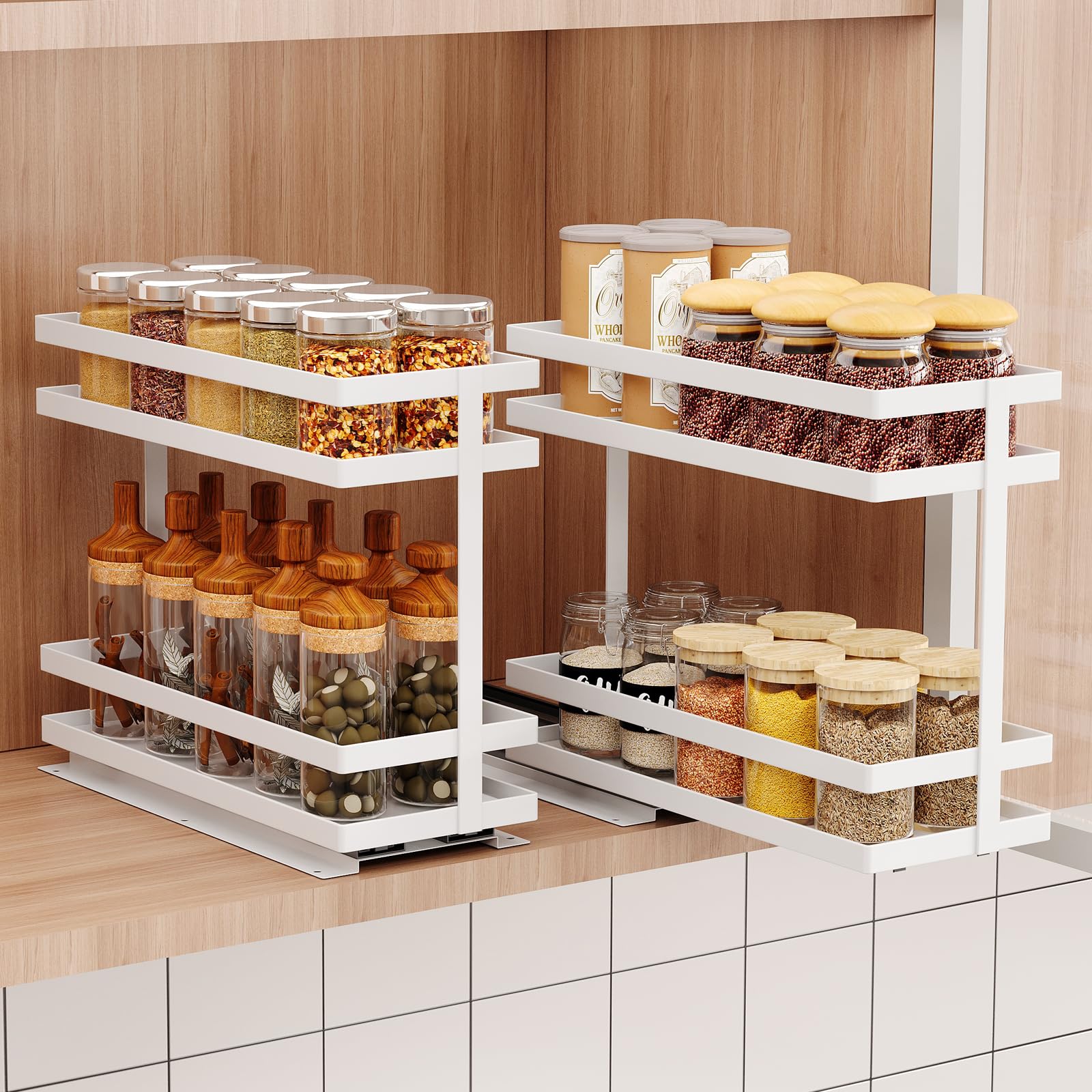 Photo 1 of Mustorn 2 Pack Pull Out Spice Rack Organizer for Cabinet, 2 Tier Metal Slide Out Seasoning Organizer and Storage Heavy Duty Vertical Spice Rack Shelf Pullout for Kitchen Cabinets No Drilling (White)