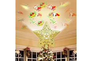 AQONSIE Christmas Tree Topper Star LED Projector with Rotating Colorful Christmas Elements Pattern, 3D Hollow Sparkling Xmas Tree Toppers, Plug in Star Topper for Home Holiday Christmas New Year Tree Decor