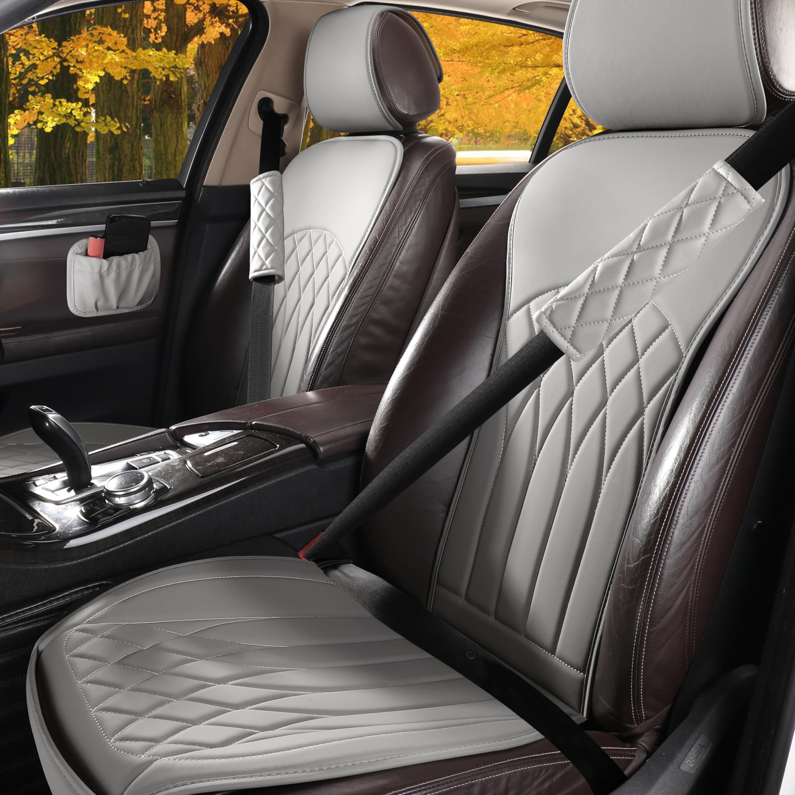 Photo 1 of RBOKO 2 Pack Front Car Seat Covers, Faux Leather Sideless Automotive Seat Covers with Storage Pocket and Safety Belt Pads, Universal Anti-Slip, Waterproof Automotive Seat Cushions (Gray)