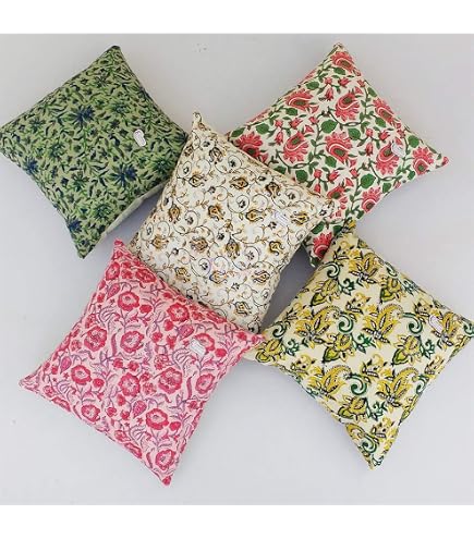 Set Di 5 Federe Per Cuscini In Cotone Con Stampa A Blocco Indiano – Artigianale, Boho, 40x40 Cm, Decorazione Casa