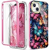 Hocase for iPhone 14 Case/iPhone 13 Case, (with Built-in Screen Protector) Shockproof Slim Soft TPU+Hard Plastic Full Body Protective Case for iPhone 14/iPhone 13 (6.1") - Flying Butterflies