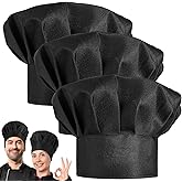3pcs Black Chef Hat for Men, Adjustable Elastic Chef Hats Reusable and Washable Bakers Hat Cotton Chef Cap for Adults Kids, Kitchen, Hotel, Restaurant