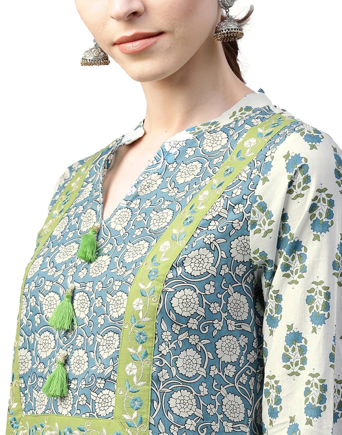 jaipur kurti women blue & green ethnic motifs straight cotton kurta with palazzo