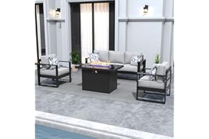 KHOLH 4 Piece Modern Aluminum Patio Furniture Set with Fire Pit Table, Outdoor Patio Sectional Conversation Metal Seating Sets with Olefin Cushion