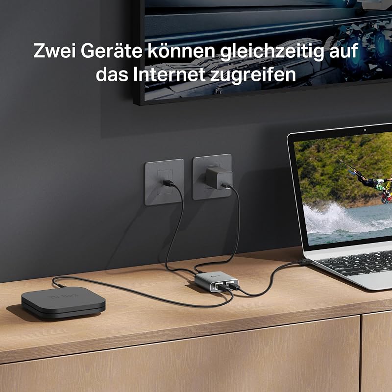 EH210 LAN Splitter 1 auf 2 (Gigabit Ethernet Splitter) | inkl. USB-Stromkabel & Cat 5e Netzwerkkabel | Aluminiumgehäuse, Plug & Play, LAN Switch 2 Port