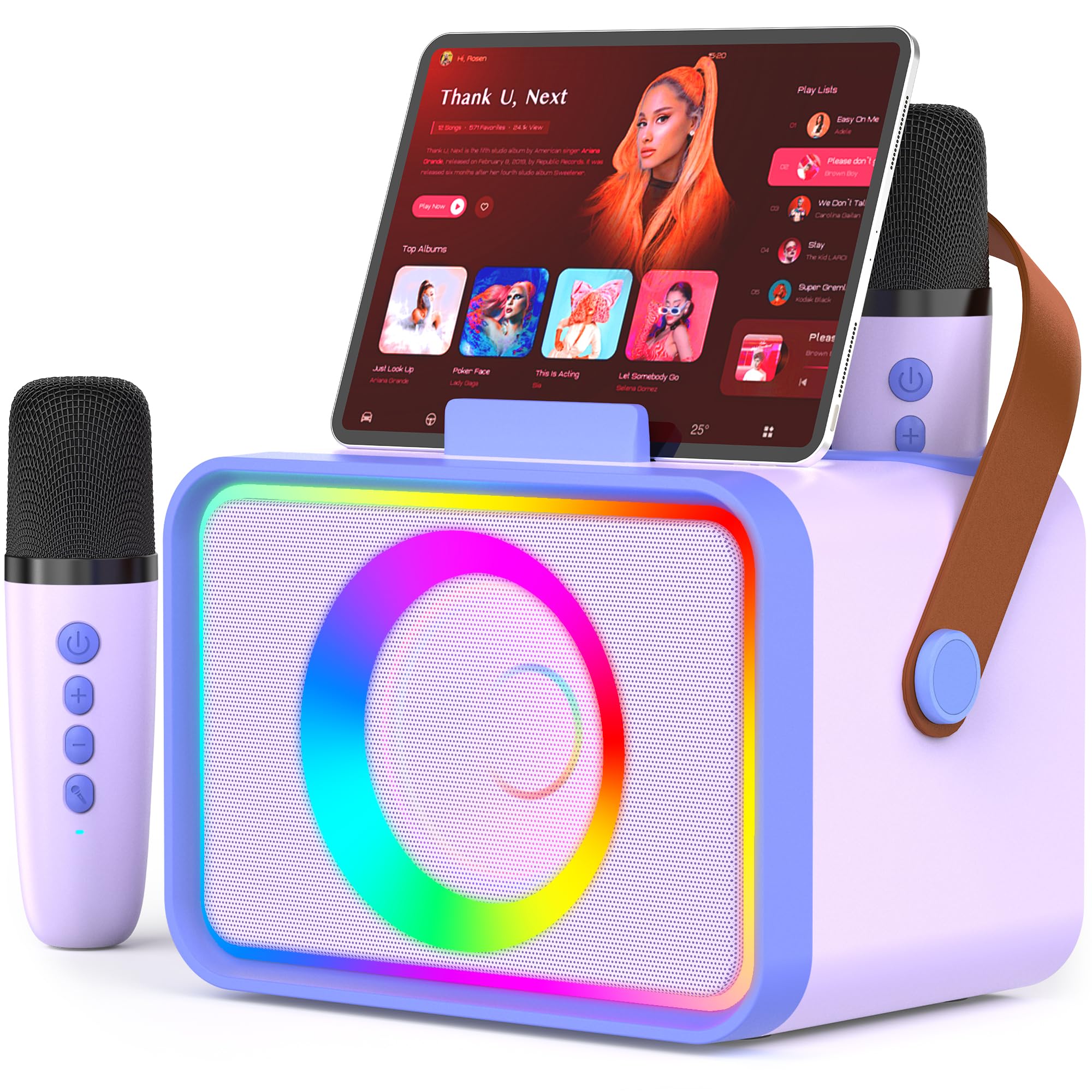 Photo 1 of Karaoke Machine,Portable Bluetooth Speaker with 2 Wireless Microphone for Adults & Kids with LED Lights, Karaoke Microphone with PA System Supports USB/TF/AUX,Gift for Party (Purple Blue)