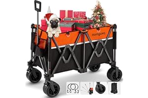 Homgava Collapsible Wagon with Big Wheels,Foldable Beach Wagon with Cup Holders,Heavy Duty Portable Enlarged Capacity Wagon Cart with Tail Bags,Outdoor Utility Garden Cart for Camping Sports Shopping