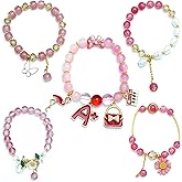 5PCS Beaded Charm Bracelets for Girls Flamingo Dainty Kawaii Crystal Beads Bracelets Set for Teens Girls Adjustable Stretch Bracelet Birthday Graduation Gift For Daughter Niece Granddaughter