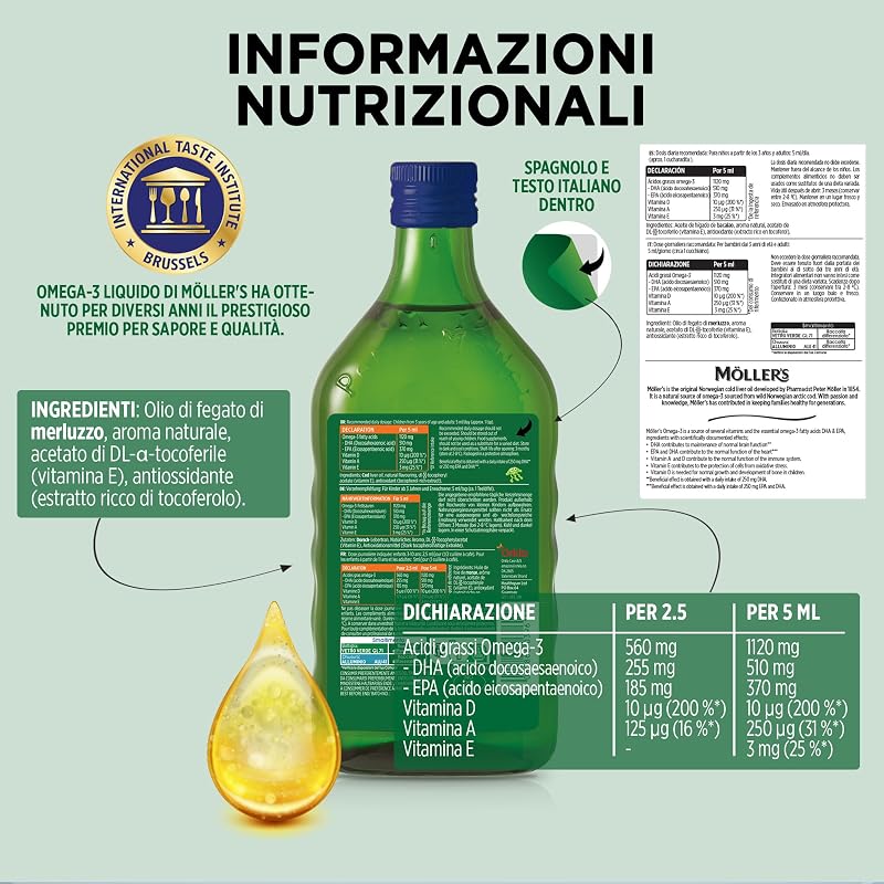 Moller’s ® | Olio di fegato di merluzzo Omega 3 | Integratori alimentari con EPA, DHA, vitamine A, D ed E | Superior Taste Award | Marchio esistente da 166 anni | Tutti Frutti | 500 ml — foto 4 di 8