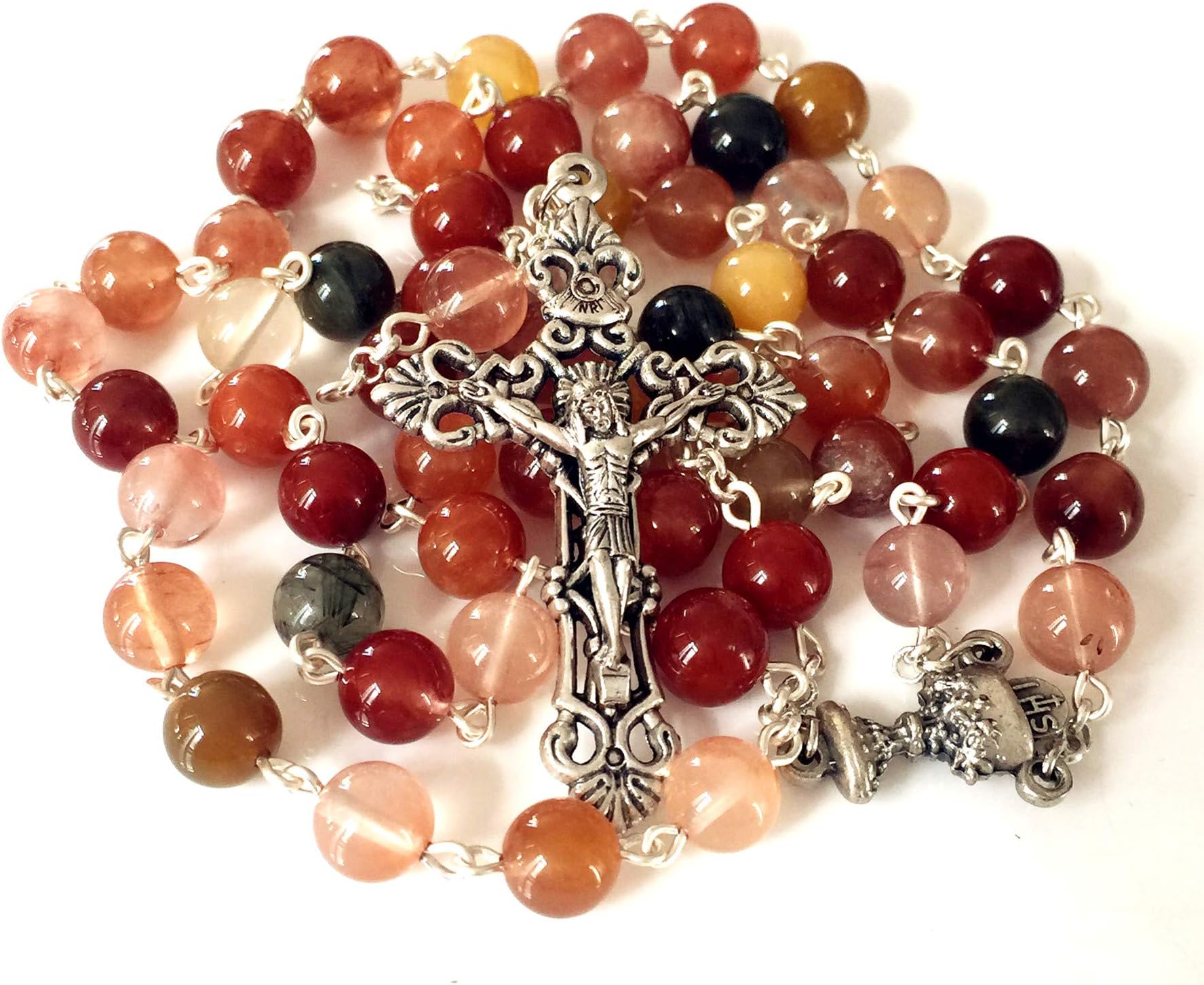 elegantmedical Rutilated Quartz Crystal Beads Catholic First Communion Rosary Necklace Religions Gift