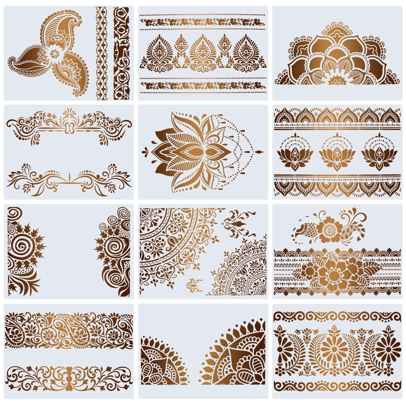 Mandala Stencil for Crafts Reusable Flower Border Stencils 12 Pcs Floral Edge Stencils Mandala Templates Stencils for Furniture Painting on Wall Tile Wood Window Home Decoration
