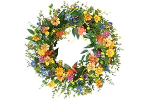 Egolot 20 Inch Spring Summer Colorful Floral Wreath for Front Door, All Seasons Wildflower Wreath with Olive & Boxwood Leaves