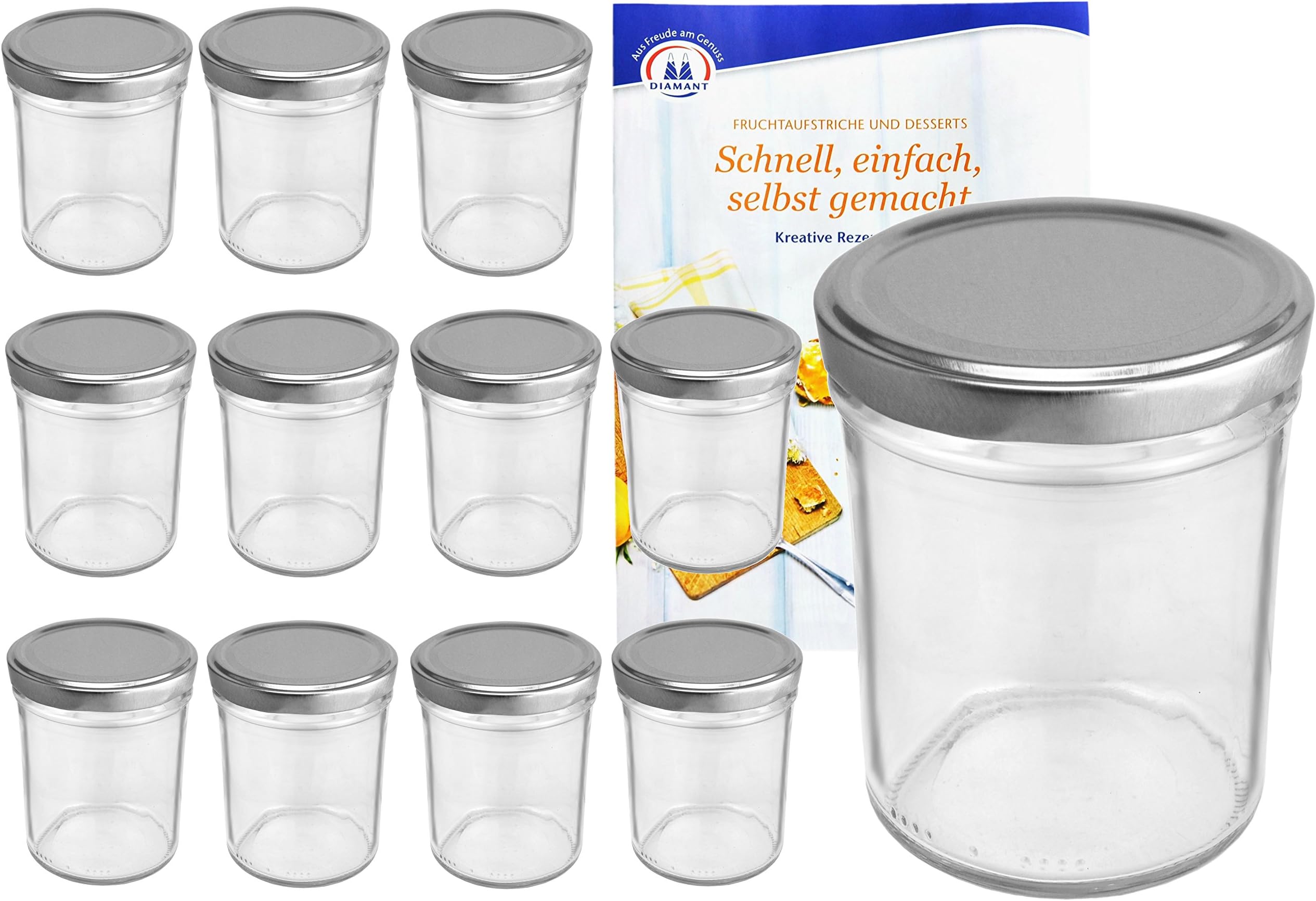 MamboCat Set of 12 Preserving Jars, 230 ml, High, Silver Lid, to 66 includes diamond gelling recipe booklet (English language not guaranteed), Jam Jars, Mason Jars, Preserving Jars