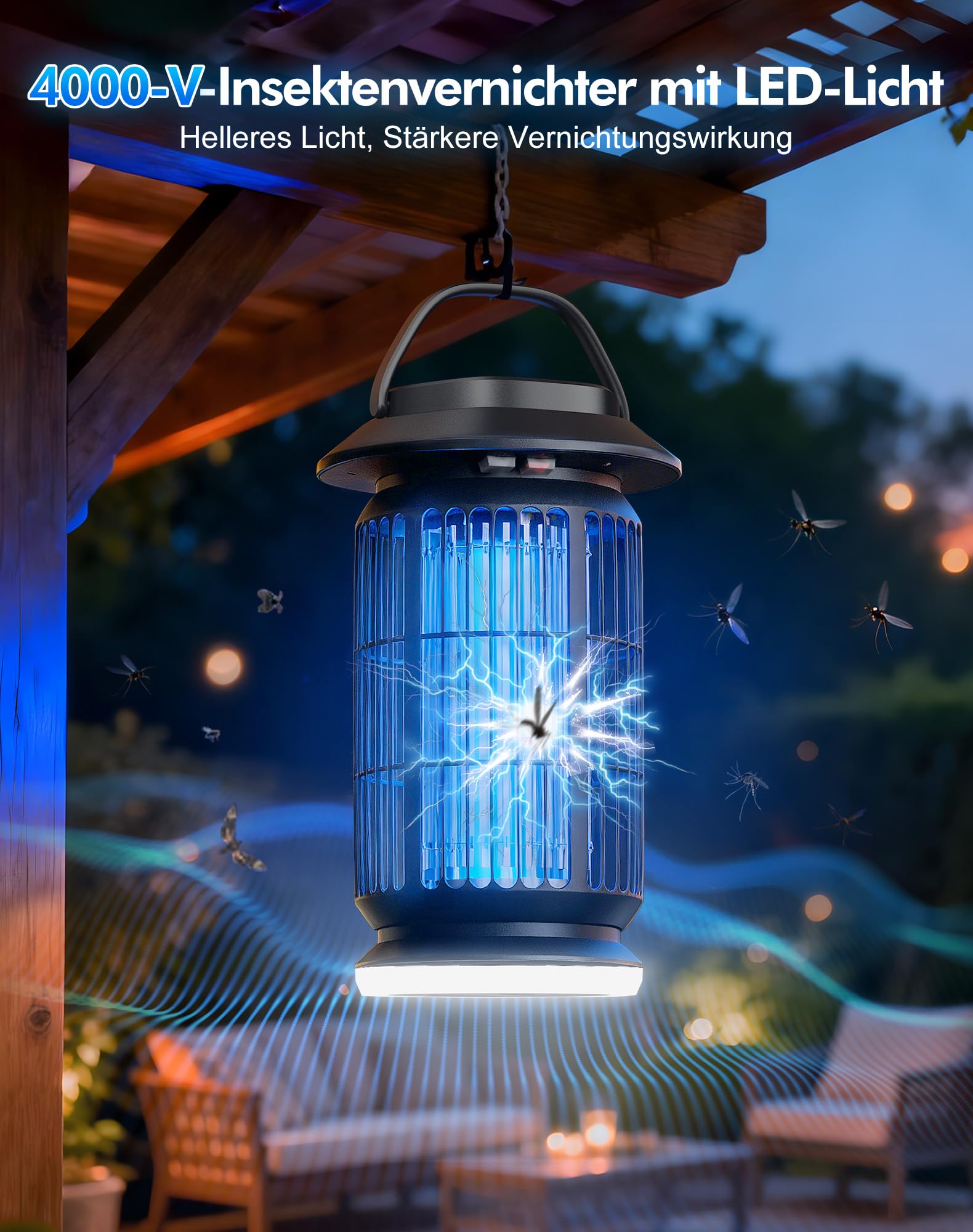 ROVLAK Insektenvernichter Elektrisch mit LED Licht, 4000V Mückenlampe Innen & Außen, 365nm UV Mückenfalle, IPX4 Wasserdicht, 100㎡ Abdeckung Fliegenfalle Lampe für Schlafzimmer, Balkon & Camping 2