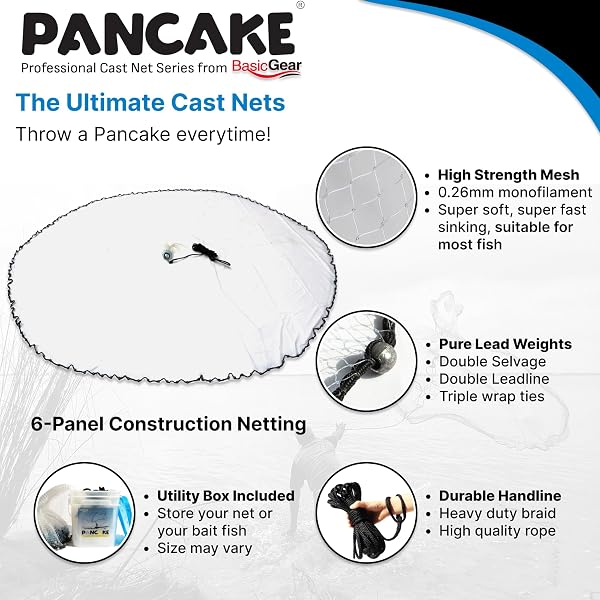 BASICGEAR PANCAKE CAST NET, 8FT RADIUS WITH 1 1/4 INCH MESH, PURE LEAD 1.25 LB FOR FRESHWATER AND SALTWATER, PROFESSIONAL GRADE AND UPGRADED MATERIAL, THROW STYLE FOR BAIT TRAP FISH