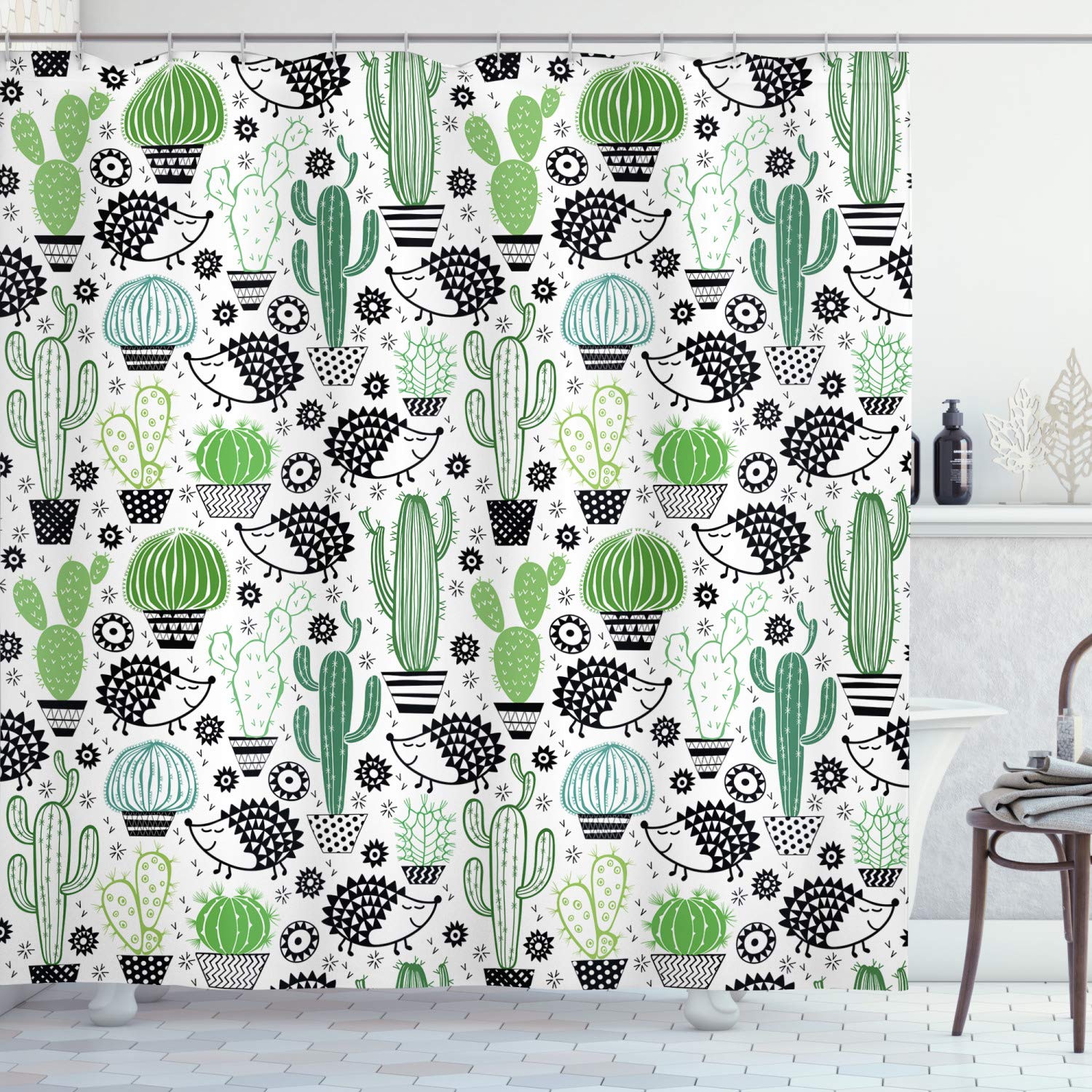 ABAKUHAUS Cactus Shower Curtain, Cartoon Style Inspired Drawing of Hedgehog Animals Saguaro and Prickly Pear, Cloth Fabric Bathroom Decor Set with Hooks, 78 Inches, Multicolor