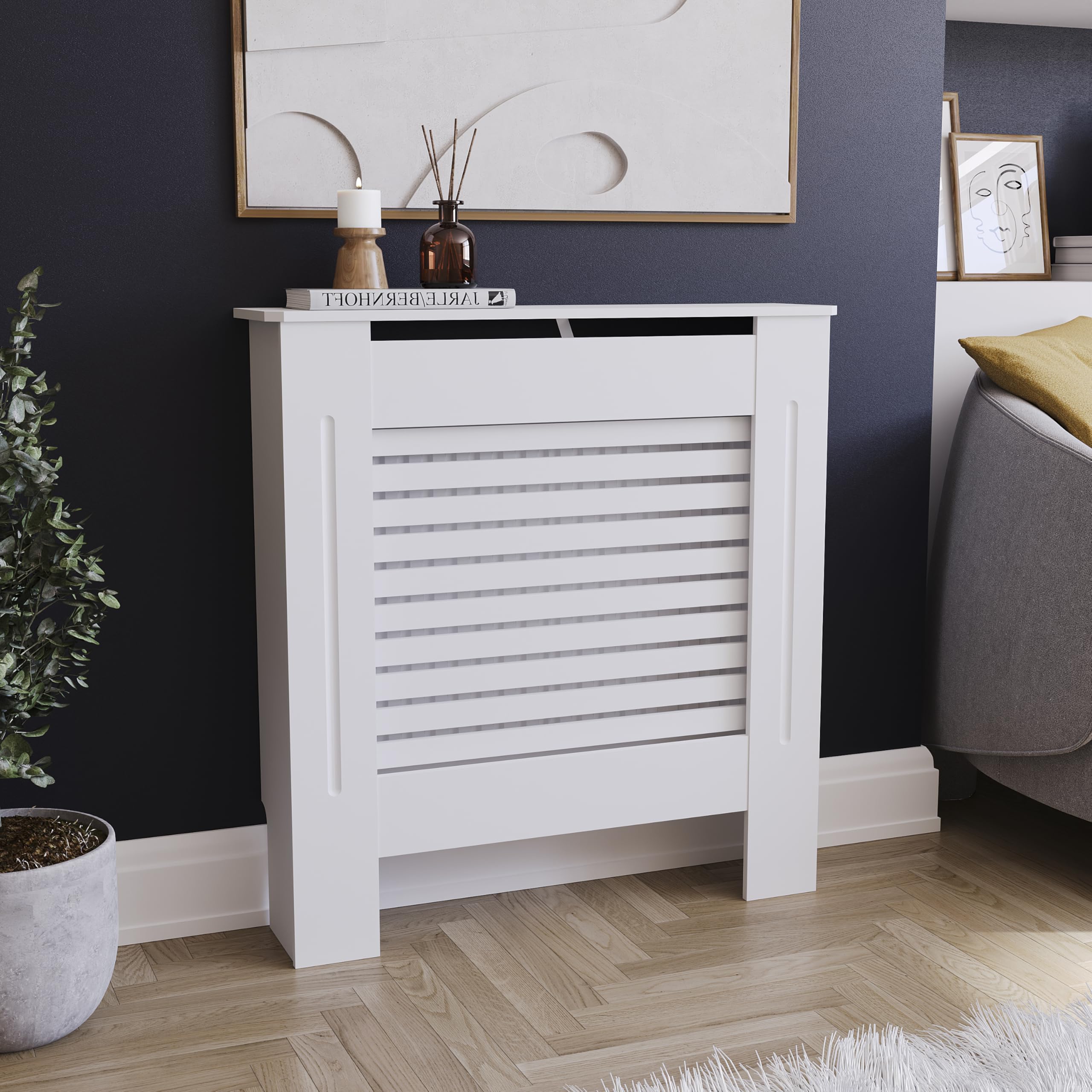Vida Designs Milton Radiator Cover White - Small - Modern Horizontal Slat Design For Optimal Heat Circulation - H82xW78xD19cm - Painted MDF Cabinet Ideal For Living Room & Hallway