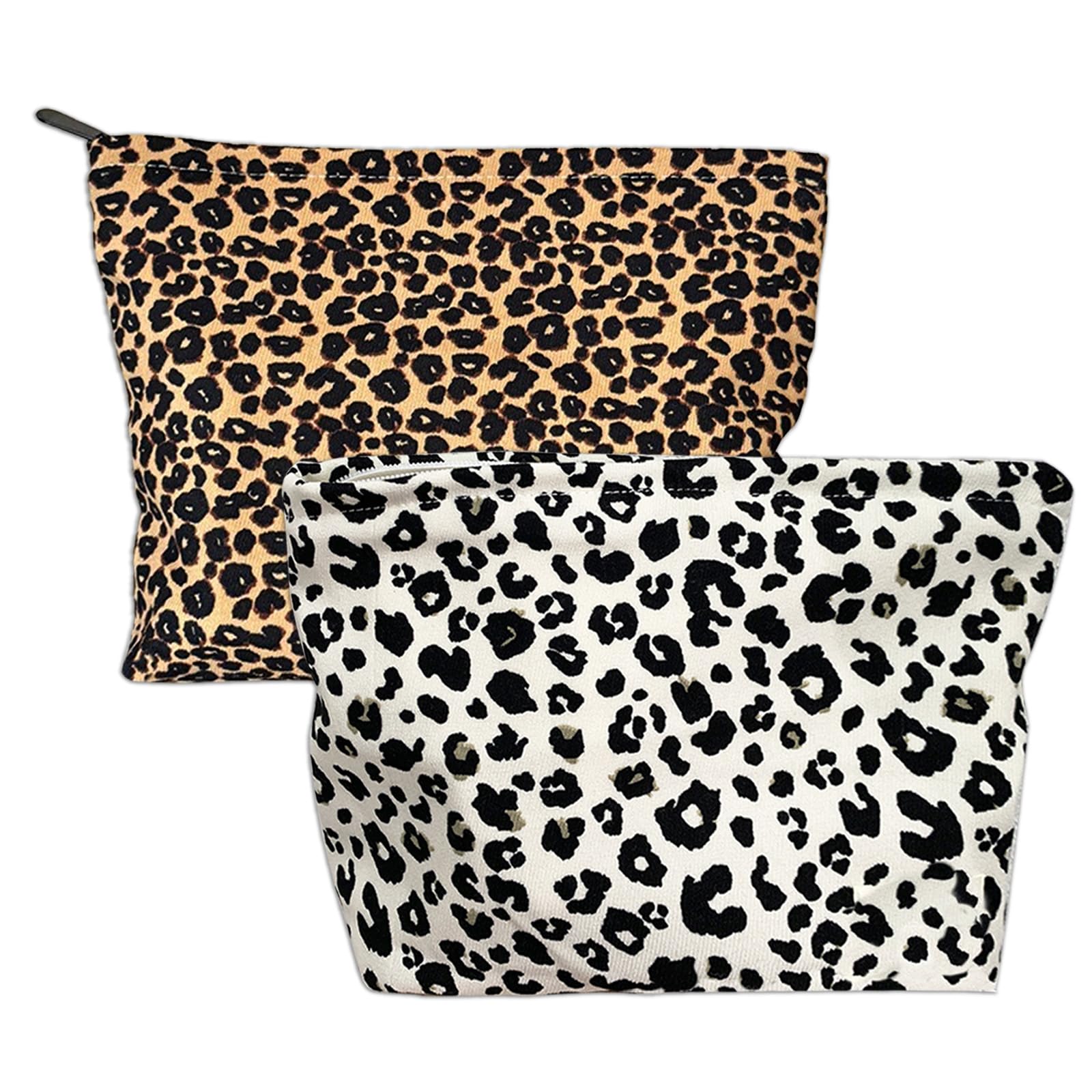 FOSDICK 2 Pieces Makeup Bag, Leopard Print Make Up Bag, Makeup Bags for Women Girls, Large Capacity Makeup Organiser Bag, Fashionable and Versatile Makeup Travel Bag, Cosmetics Bag with Metal Zipper