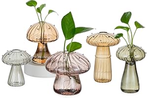 Hewory Glass Mushroom Propagation Stations: Set of 5 Unique Propagation Jars Glass Planter for Indoor Plants Home Decor - Amber Mushroom Vase Christmas Birthday Gifts for Plant Lovers Women Girls