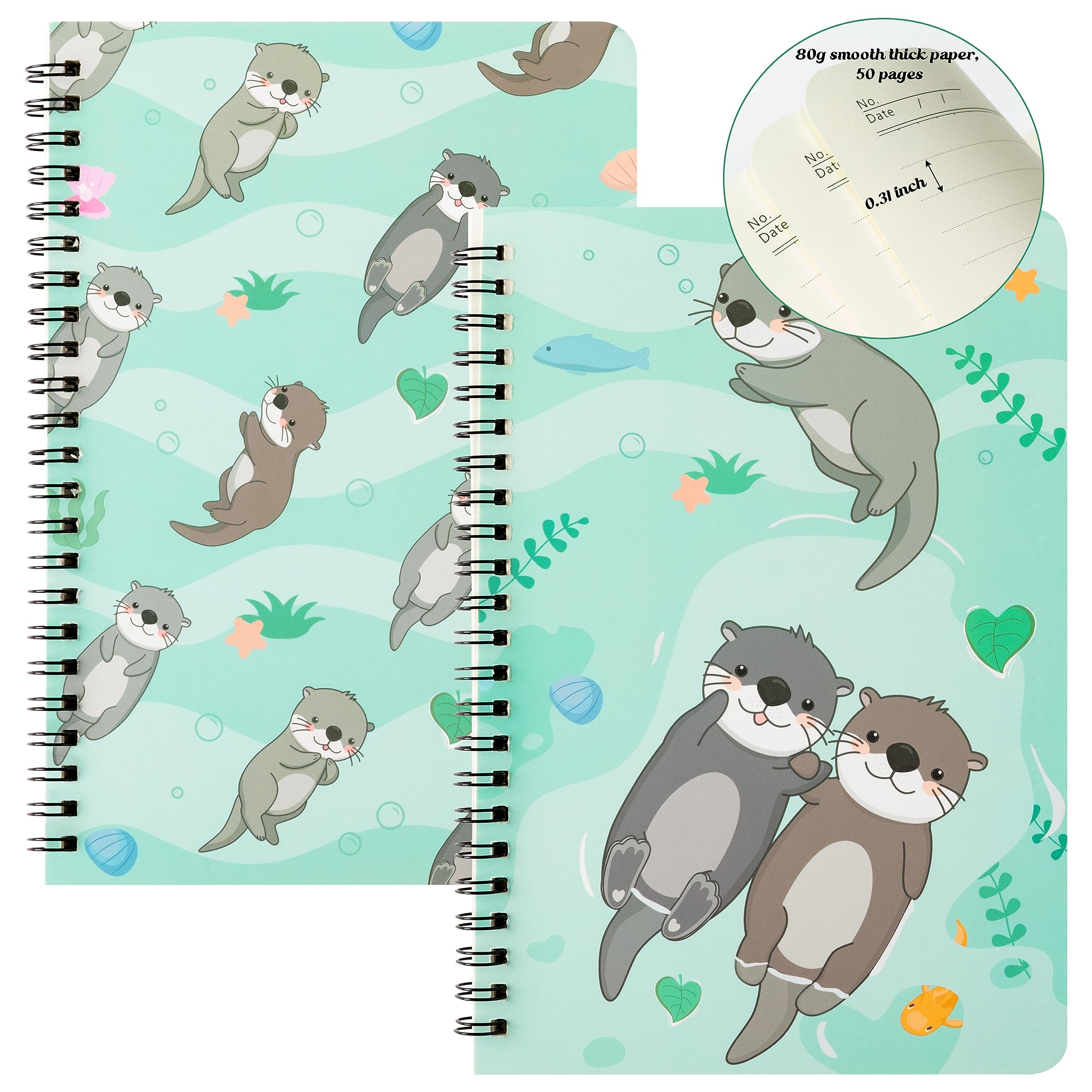 L1rabe 2 A5 Otter Spiral Notebooks Christmas Gift Cute Funny Otter College Ruled Hardcover Notepads Exercise Books Travel Journal Diary for Students Teachers Kids Teens Winter Birthday New Year Gifts