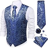 Barry.Wang Men's V-Neck Suit Vest Solid Paisley Waistcoat Silk Tie Hanky Cufflink Clip Set Wedding Party Business Formal