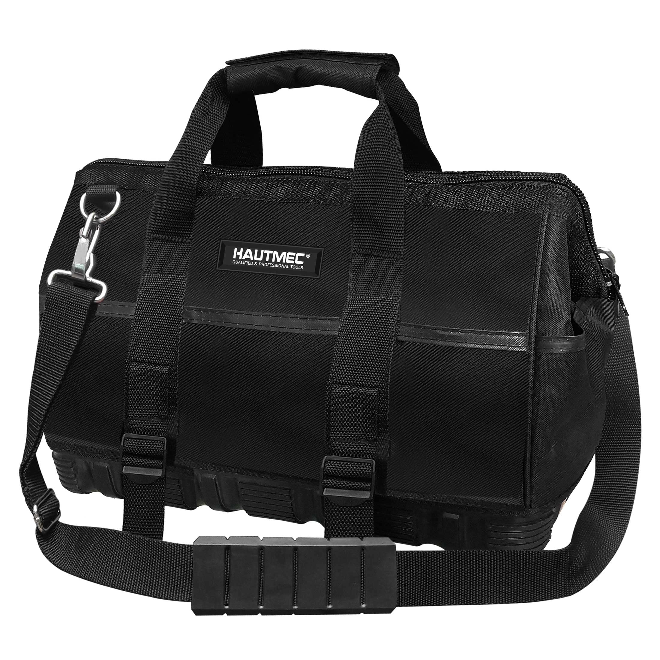 HAUTMEC 16" Heavy Duty Tool Bag with Waterproof Molded Base, Double 600D Wide Mouth Tool Bag with 23 Pockets, Padded Shoulder Strap – HT0096