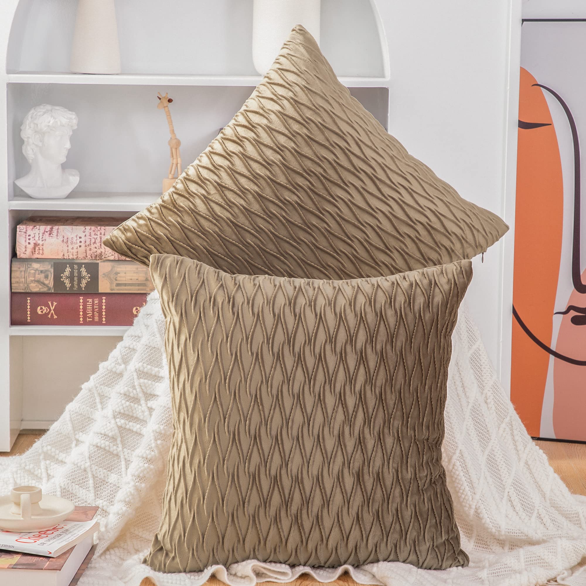 Madizz Pack of 2 Super Soft Velvet Decorative Cushion Covers with Texture Luxury Style Throw Pillow Cases Pillow Shell for Sofa Bedroom Square Light Brown 20x20 inch