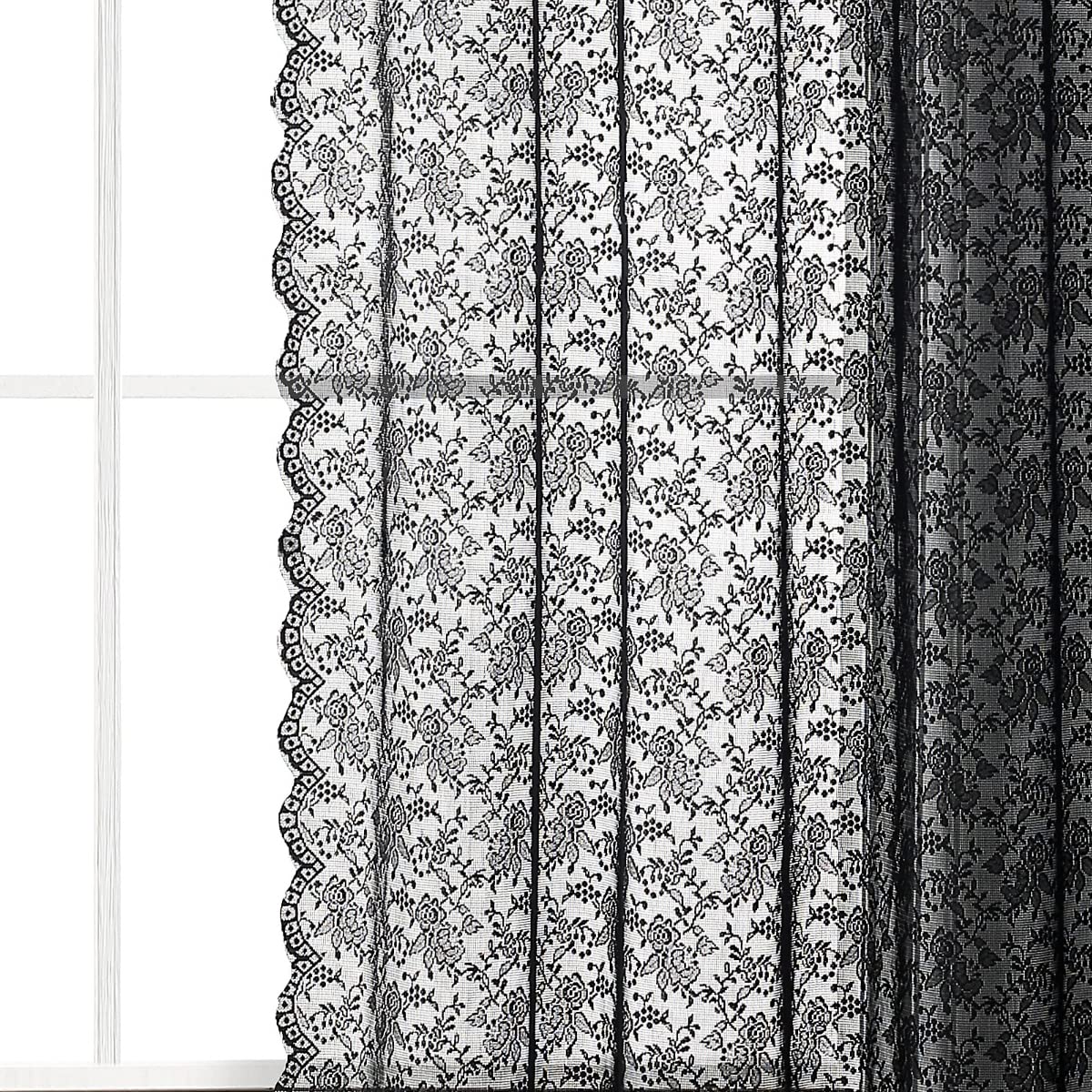 Kotile Black Lace Curtains for Bedroom - Vintage Voile Curtains 72 inch Drop Track, Top Sheer Curtains, Privacy Light Filter, Black Mesh Curtains 52 x 72 inches, 2 Panels