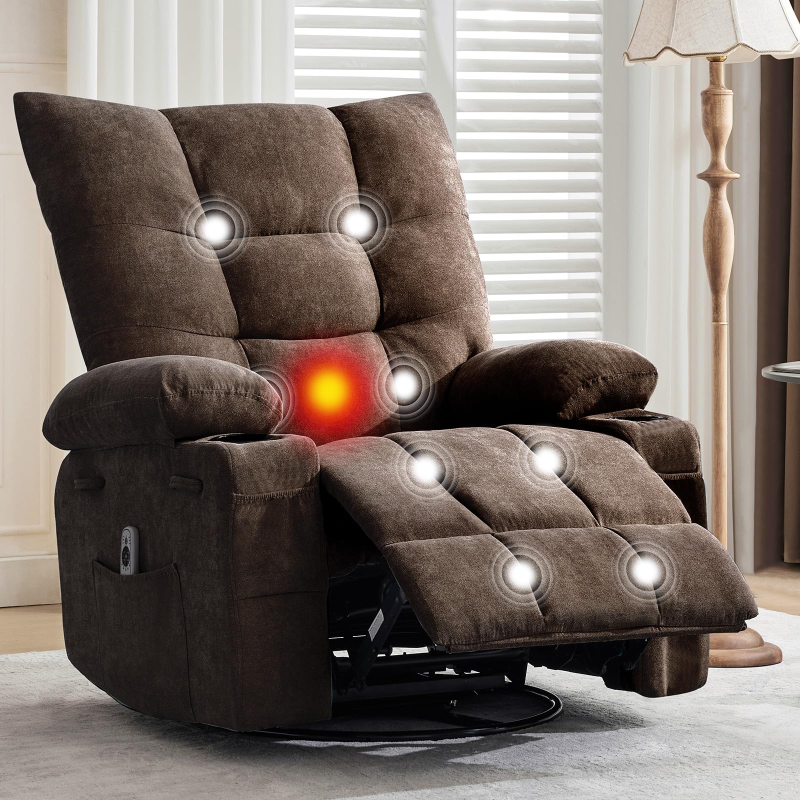Photo 1 of Swivel Rocker Recliner Chair with Massage and Heat, Oversize Ergonomic Lounge Single Sofa with Side Pocket, Cup Holders for Living Room, Bedroom (Oversized, Brown)