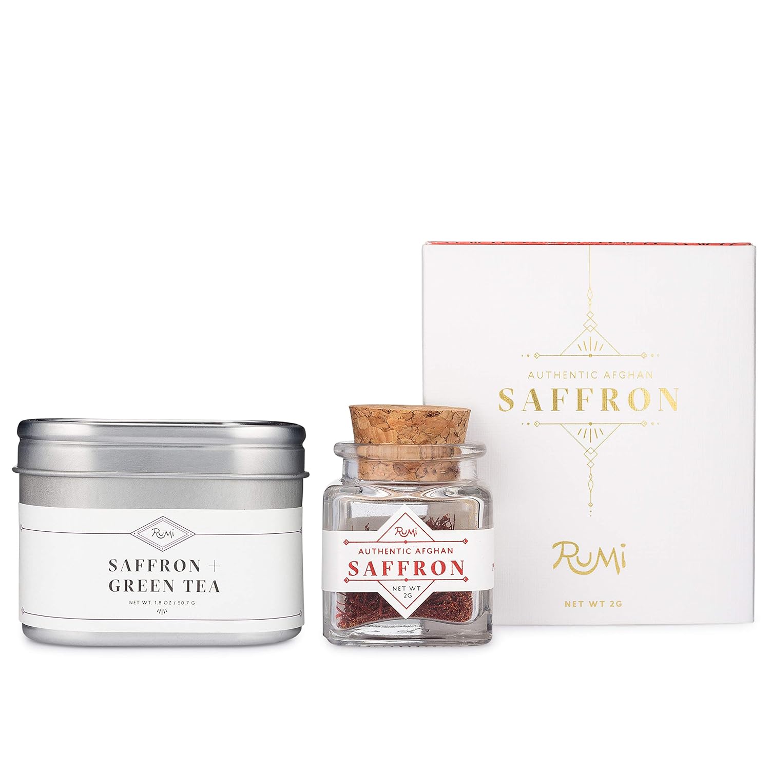 Rumi Spice Afghan Saffron Gift Box Set, Exotic Seasoning, Handpicked, Highest Rated World-wide, Organic Loose-leaf Green Tea, Recipe Book, Non-GMO, Gluten Free, Vegan, Taste of Luxury