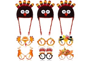 Croknit 15 Pcs Thanksgiving Turkey Costume 3 Knitted Hat 6 Glasses with 6 Hairpin, One Size Funny Adult Hat Party Supplies