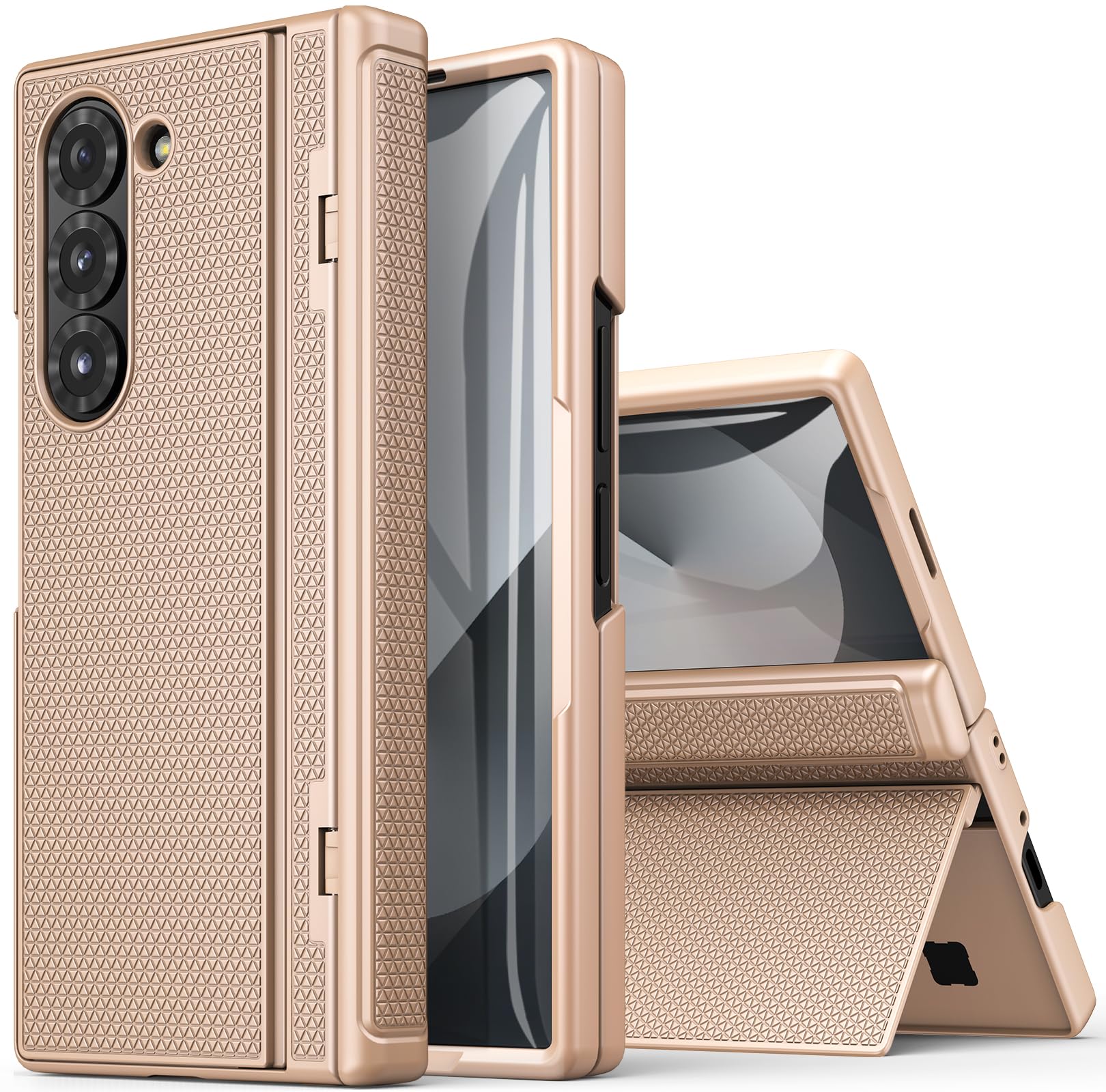 BXYJY for Samsung Galaxy Z Fold 6 Case, Slim Fit with Kickstand, Hinge Protection&Front Screen Protector, Rugged Hard 360° Full Body Cover Protective Phone Case for Samsung Z Fold 6 5g 2024, Gold