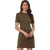 Allegra K Work Dress for Women Short Sleeve Vintage Houndstooth Above The Knee Dress