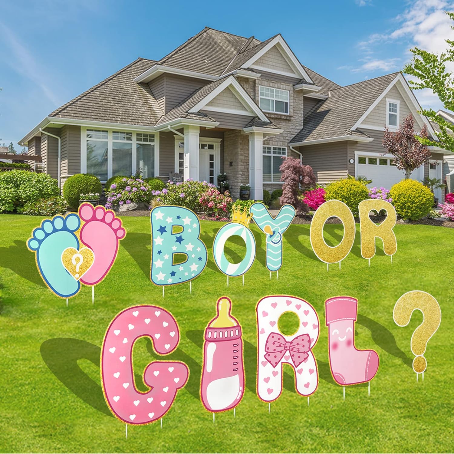 Yard Signs - AerWo 11 Pcs Gender Reveal Party Decorations Baby Shower Yard Signs with Stakes, Boy or Girl Gender Reveal Ideas Yard Letters Lawn Signs for Indoor Outdoor Garden Lawn Party Supplies Decorations