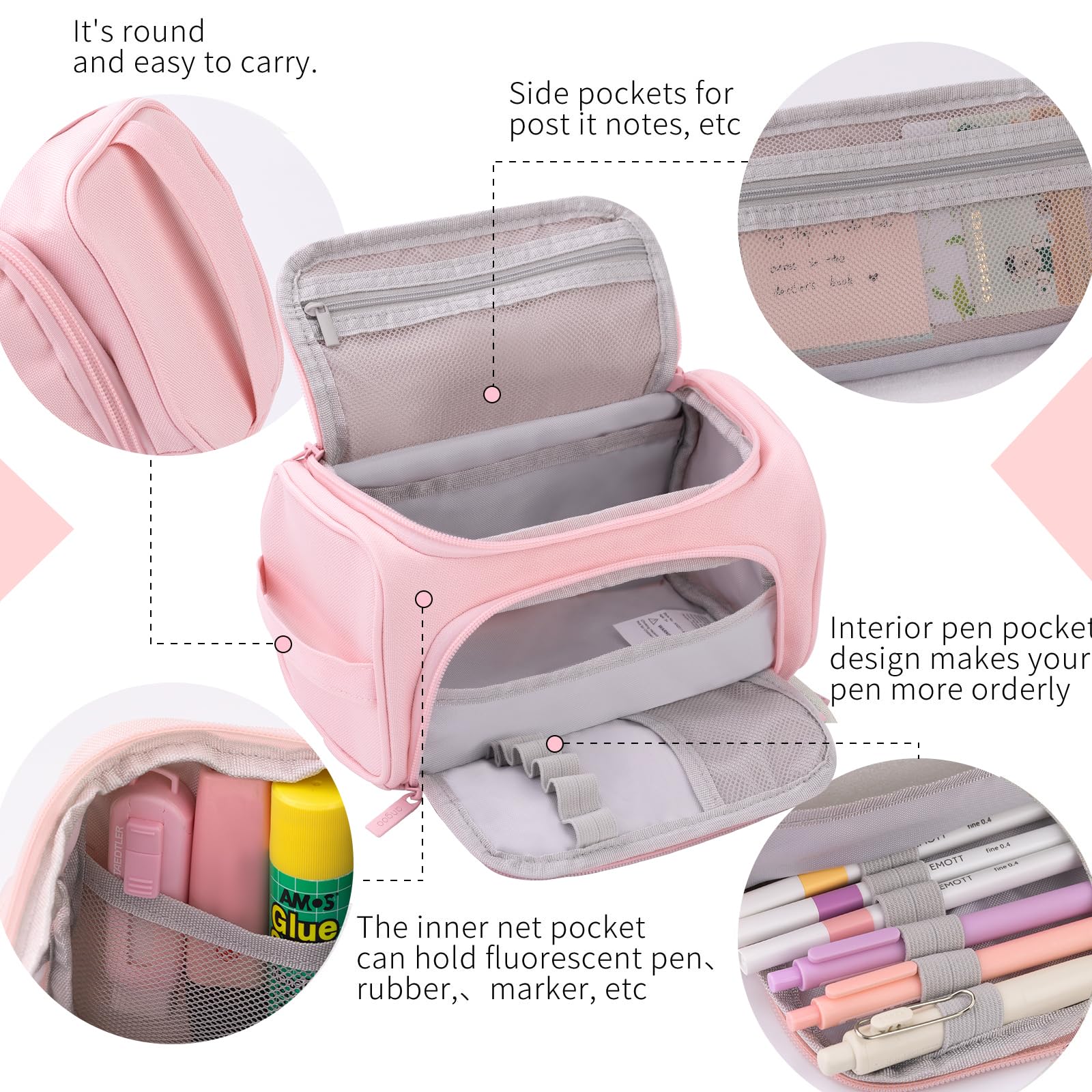 HVOMO Big Capacity Pencil Case High Large Storage Pouch Marker Pen Case Travel Simple Stationery Bag School College Office Organizer for Teens Girls Adults Student（Pink）